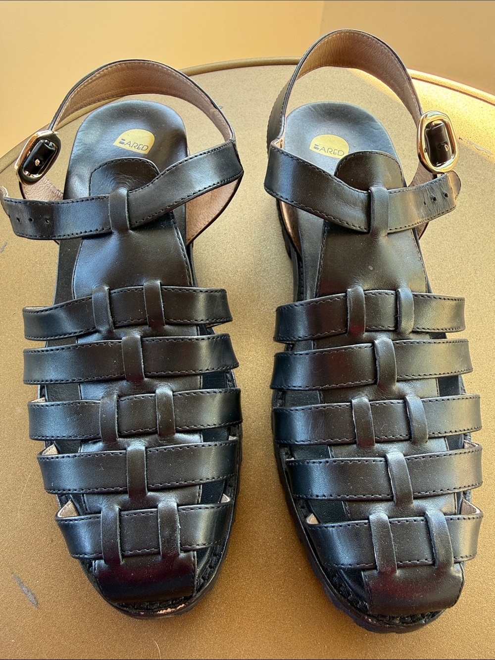 Bared Black Leather Woven Fisherman Sandals